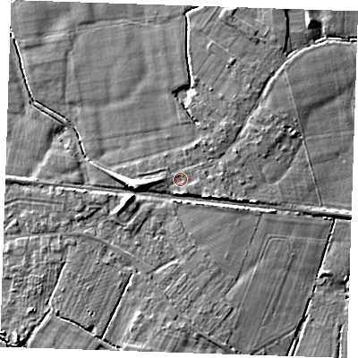 Shaded relief map of the ground around TN126RS, computed from Environment Agency LiDAR. The ground here sits at about 20 m above sea level and falls 8 m across the surrounding 800 m. Surface water reaching this point runs off ground lying to the south, 1.4 m higher.