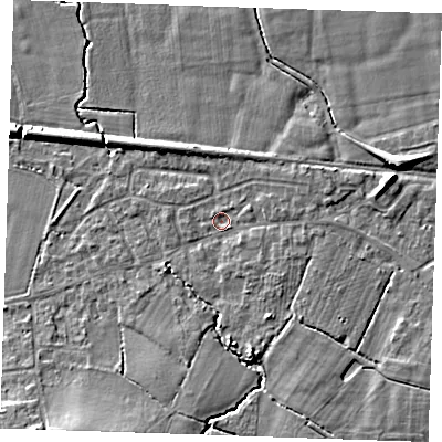 Shaded relief map of the ground around TN126RW, computed from Environment Agency LiDAR. The ground here sits at about 20 m above sea level and falls 8 m across the surrounding 800 m. Surface water reaching this point runs off ground lying to the south-south-east, 4.5 m higher.