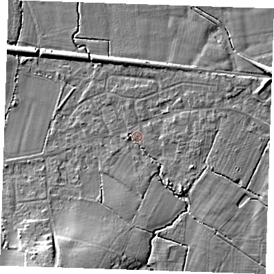 Shaded relief map of the ground around TN126RX, computed from Environment Agency LiDAR. The ground here sits at about 21 m above sea level and falls 12 m across the surrounding 800 m. Surface water reaching this point runs off ground lying to the south-south-west, 8.1 m higher.