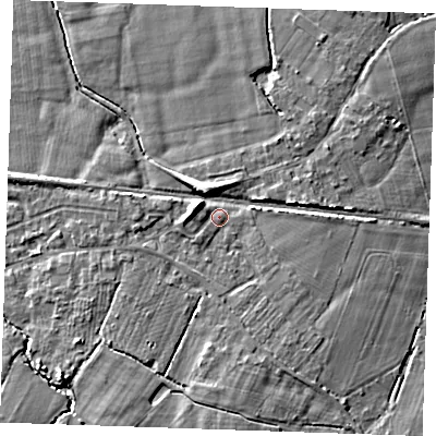 Shaded relief map of the ground around TN126RZ, computed from Environment Agency LiDAR. The ground here sits at about 21 m above sea level and falls 8 m across the surrounding 800 m. Surface water reaching this point runs off ground lying to the south-south-east, 1.9 m higher.