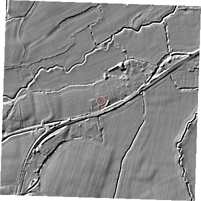 Shaded relief map of the ground around TN126SD, computed from Environment Agency LiDAR. The ground here sits at about 15 m above sea level and falls 6 m across the surrounding 800 m. Surface water reaching this point runs off ground lying to the south-south-west, 1.3 m higher.