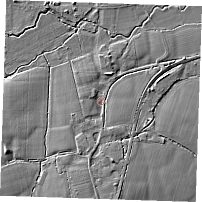 Shaded relief map of the ground around TN126SE, computed from Environment Agency LiDAR. The ground here sits at about 16 m above sea level and falls 6 m across the surrounding 800 m. Surface water reaching this point runs off ground lying to the south, 4.5 m higher.
