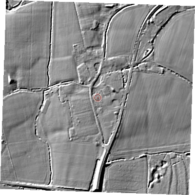 Shaded relief map of the ground around TN126SG, computed from Environment Agency LiDAR. The ground here sits at about 18 m above sea level and falls 10 m across the surrounding 800 m. Surface water reaching this point runs off ground lying to the south, 4.3 m higher.
