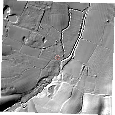 Shaded relief map of the ground around TN126ST, computed from Environment Agency LiDAR. The ground here sits at about 30 m above sea level and falls 35 m across the surrounding 800 m. Surface water reaching this point runs off ground lying to the west-south-west, 16.2 m higher.