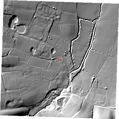 Shaded relief map of the ground around TN126SU, computed from Environment Agency LiDAR. The ground here sits at about 31 m above sea level and falls 30 m across the surrounding 800 m. Surface water reaching this point runs off ground lying to the west-south-west, 13.5 m higher.
