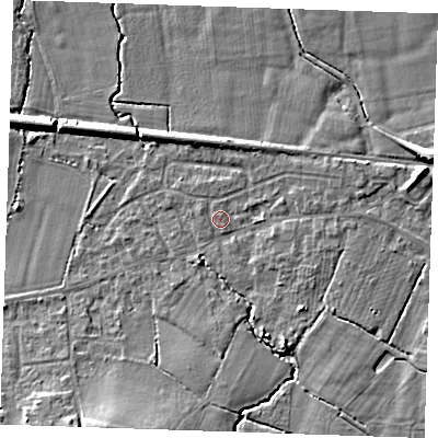 Shaded relief map of the ground around TN126TA, computed from Environment Agency LiDAR. The ground here sits at about 20 m above sea level and falls 9 m across the surrounding 800 m. Surface water reaching this point runs off ground lying to the south-south-east, 4.5 m higher.