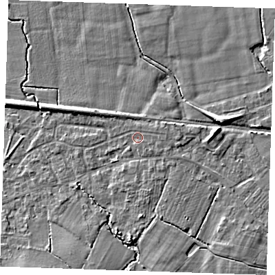 Shaded relief map of the ground around TN126TB, computed from Environment Agency LiDAR. The ground here sits at about 20 m above sea level and falls 7 m across the surrounding 800 m. Surface water reaching this point runs off ground lying to the south-east, 1.0 m higher.