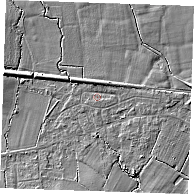 Shaded relief map of the ground around TN126TD, computed from Environment Agency LiDAR. The ground here sits at about 20 m above sea level and falls 7 m across the surrounding 800 m. Surface water reaching this point runs off ground lying to the south-south-east, 4.5 m higher.