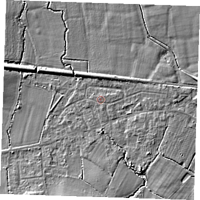 Shaded relief map of the ground around TN126TE, computed from Environment Agency LiDAR. The ground here sits at about 20 m above sea level and falls 7 m across the surrounding 800 m. Surface water reaching this point runs off ground lying to the south, 0.7 m higher.