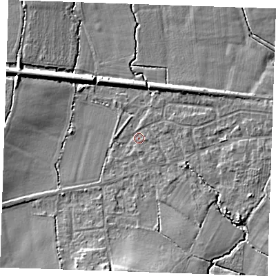 Shaded relief map of the ground around TN126TF, computed from Environment Agency LiDAR. The ground here sits at about 20 m above sea level and falls 9 m across the surrounding 800 m. Surface water reaching this point runs off ground lying to the south, 7.2 m higher.