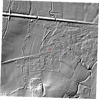 Shaded relief map of the ground around TN126TH, computed from Environment Agency LiDAR. The ground here sits at about 20 m above sea level and falls 12 m across the surrounding 800 m. Surface water reaching this point runs off ground lying to the south, 9.6 m higher.