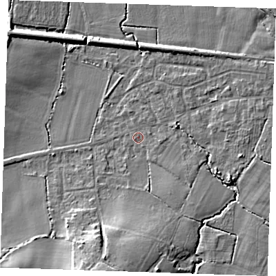 Shaded relief map of the ground around TN126TJ, computed from Environment Agency LiDAR. The ground here sits at about 20 m above sea level and falls 13 m across the surrounding 800 m. Surface water reaching this point runs off ground lying to the south, 9.2 m higher.