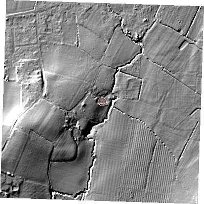 Shaded relief map of the ground around TN126TT, computed from Environment Agency LiDAR. The ground here sits at about 24 m above sea level and falls 18 m across the surrounding 800 m. Surface water reaching this point runs off ground lying to the west, 4.8 m higher.
