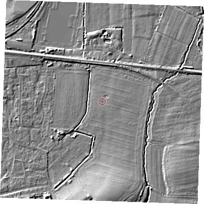 Shaded relief map of the ground around TN126TU, computed from Environment Agency LiDAR. The ground here sits at about 17 m above sea level and falls 11 m across the surrounding 800 m. Surface water reaching this point runs off ground lying to the east-south-east, 0.9 m higher.