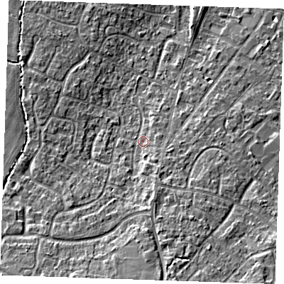 Shaded relief map of the ground around TN126TY, computed from Environment Agency LiDAR. The ground here sits at about 18 m above sea level and falls 11 m across the surrounding 800 m. Surface water reaching this point runs off ground lying to the south-south-west, 7.1 m higher.