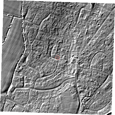 Shaded relief map of the ground around TN126UA, computed from Environment Agency LiDAR. The ground here sits at about 19 m above sea level and falls 11 m across the surrounding 800 m. Surface water reaching this point runs off ground lying to the south-west, 4.4 m higher.