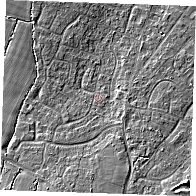 Shaded relief map of the ground around TN126UB, computed from Environment Agency LiDAR. The ground here sits at about 19 m above sea level and falls 11 m across the surrounding 800 m. Surface water reaching this point runs off ground lying to the south-west, 4.0 m higher.