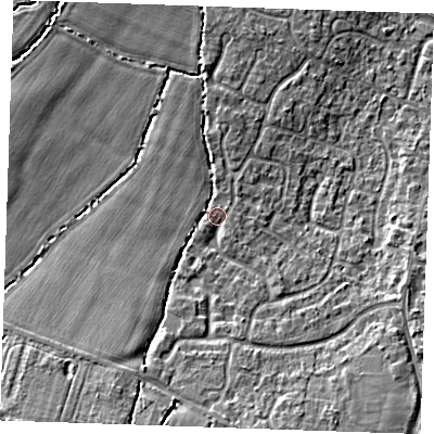 Shaded relief map of the ground around TN126UD, computed from Environment Agency LiDAR. The ground here sits at about 20 m above sea level and falls 11 m across the surrounding 800 m. Surface water reaching this point runs off ground lying to the south, 3.4 m higher.