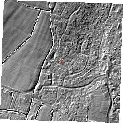 Shaded relief map of the ground around TN126UE, computed from Environment Agency LiDAR. The ground here sits at about 21 m above sea level and falls 12 m across the surrounding 800 m. Surface water reaching this point runs off ground lying to the south, 2.8 m higher.