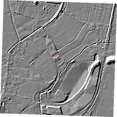Shaded relief map of the ground around TN126UF, computed from Environment Agency LiDAR. The ground here sits at about 15 m above sea level and falls 9 m across the surrounding 800 m. Surface water reaching this point runs off ground lying to the west, 1.8 m higher.