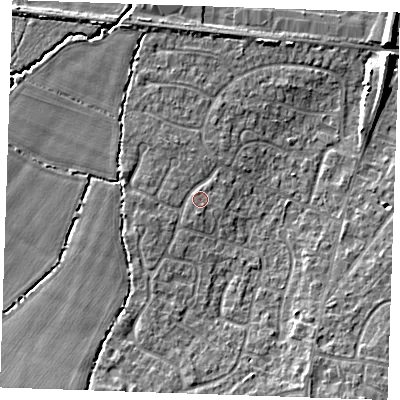 Shaded relief map of the ground around TN126UG, computed from Environment Agency LiDAR. The ground here sits at about 18 m above sea level and falls 9 m across the surrounding 800 m. Surface water reaching this point runs off ground lying to the south-west, 1.6 m higher.