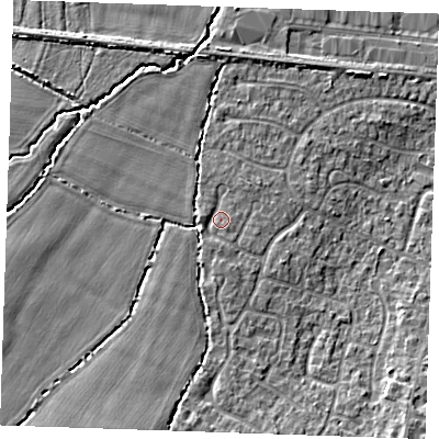 Shaded relief map of the ground around TN126UH, computed from Environment Agency LiDAR. The ground here sits at about 18 m above sea level and falls 6 m across the surrounding 800 m. Surface water reaching this point runs off ground lying to the south, 1.2 m higher.