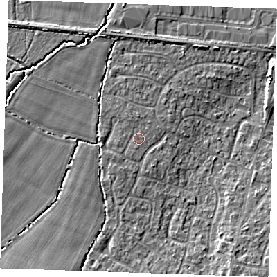 Shaded relief map of the ground around TN126UJ, computed from Environment Agency LiDAR. The ground here sits at about 18 m above sea level and falls 7 m across the surrounding 800 m. Surface water reaching this point runs off ground lying to the south-west, 0.8 m higher.