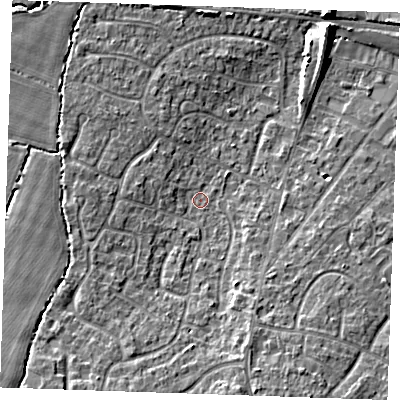 Shaded relief map of the ground around TN126UN, computed from Environment Agency LiDAR. The ground here sits at about 17 m above sea level and falls 9 m across the surrounding 800 m. Surface water reaching this point runs off ground lying to the south-south-west, 6.0 m higher.
