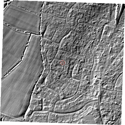 Shaded relief map of the ground around TN126UP, computed from Environment Agency LiDAR. The ground here sits at about 19 m above sea level and falls 9 m across the surrounding 800 m. Surface water reaching this point runs off ground lying to the south-south-west, 4.6 m higher.