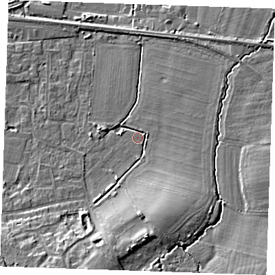 Shaded relief map of the ground around TN126US, computed from Environment Agency LiDAR. The ground here sits at about 16 m above sea level and falls 11 m across the surrounding 800 m. Surface water reaching this point runs off ground lying to the south-south-east, 7.6 m higher.