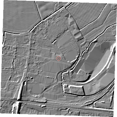 Shaded relief map of the ground around TN126UT, computed from Environment Agency LiDAR. The ground here sits at about 15 m above sea level and falls 9 m across the surrounding 800 m. The ground contributing surface water to this point lies to the east.