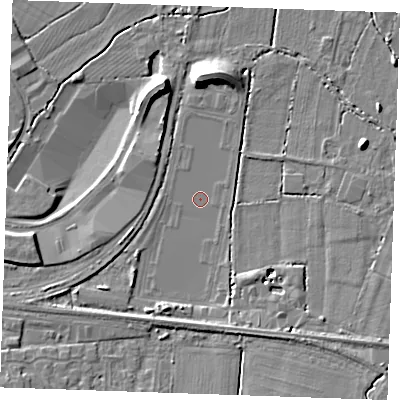 Shaded relief map of the ground around TN126UU, computed from Environment Agency LiDAR. The ground here sits at about 14 m above sea level and falls 11 m across the surrounding 800 m. Surface water reaching this point runs off ground lying to the south-south-east, 3.1 m higher.