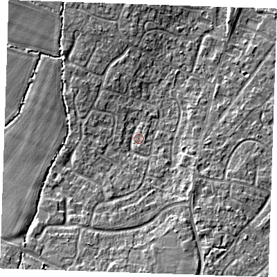 Shaded relief map of the ground around TN126UW, computed from Environment Agency LiDAR. The ground here sits at about 18 m above sea level and falls 10 m across the surrounding 800 m. Surface water reaching this point runs off ground lying to the south-south-west, 5.0 m higher.
