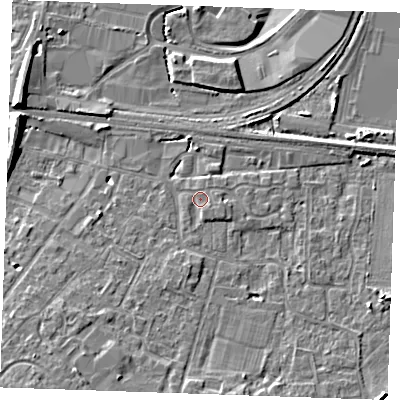 Shaded relief map of the ground around TN126YA, computed from Environment Agency LiDAR. The ground here sits at about 16 m above sea level and falls 9 m across the surrounding 800 m. Surface water reaching this point runs off ground lying to the south-south-east, 1.0 m higher.