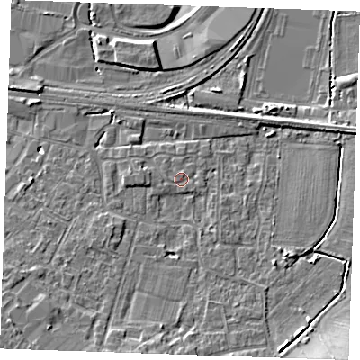 Shaded relief map of the ground around TN126YB, computed from Environment Agency LiDAR. The ground here sits at about 16 m above sea level and falls 9 m across the surrounding 800 m. Surface water reaching this point runs off ground lying to the south-east, 6.9 m higher.