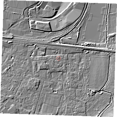 Shaded relief map of the ground around TN126YD, computed from Environment Agency LiDAR. The ground here sits at about 16 m above sea level and falls 8 m across the surrounding 800 m. Surface water reaching this point runs off ground lying to the south-east, 4.6 m higher.
