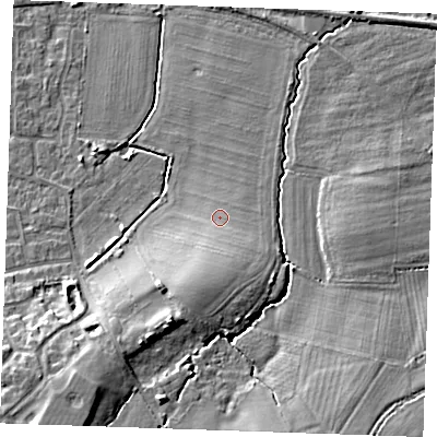 Shaded relief map of the ground around TN126YJ, computed from Environment Agency LiDAR. The ground here sits at about 18 m above sea level and falls 11 m across the surrounding 800 m. Surface water reaching this point runs off ground lying to the south, 4.6 m higher.