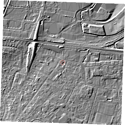 Shaded relief map of the ground around TN126YT, computed from Environment Agency LiDAR. The ground here sits at about 16 m above sea level and falls 9 m across the surrounding 800 m. Surface water reaching this point runs off ground lying to the south-south-west, 5.8 m higher.