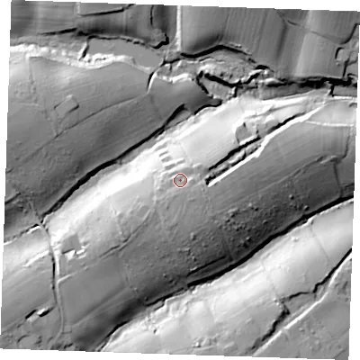 Shaded relief map of the ground around TN127AE, computed from Environment Agency LiDAR. The ground here sits at about 76 m above sea level and falls 32 m across the surrounding 800 m. Surface water reaching this point runs off ground lying to the south-south-west, 4.0 m higher.