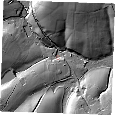 Shaded relief map of the ground around TN127AU, computed from Environment Agency LiDAR. The ground here sits at about 44 m above sea level and falls 33 m across the surrounding 800 m. Surface water reaching this point runs off ground lying to the south-south-west, 10.1 m higher.