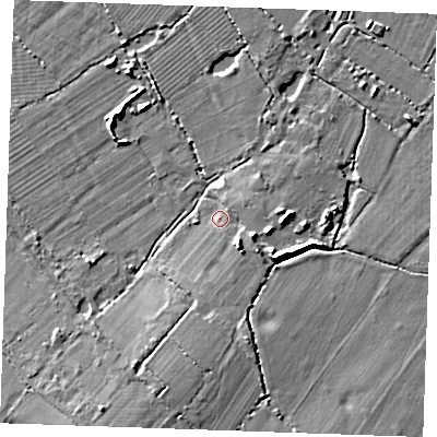 Shaded relief map of the ground around TN127DG, computed from Environment Agency LiDAR. The ground here sits at about 19 m above sea level and falls 9 m across the surrounding 800 m. Surface water reaching this point runs off ground lying to the south-east, 3.9 m higher.
