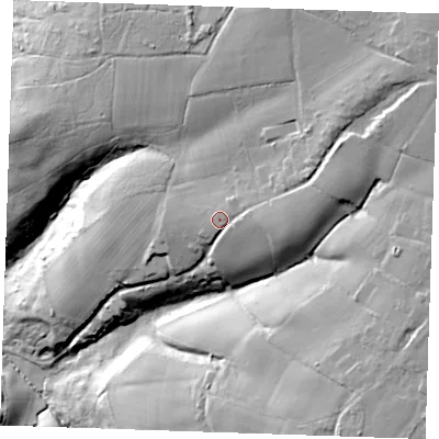 Shaded relief map of the ground around TN127ES, computed from Environment Agency LiDAR. The ground here sits at about 93 m above sea level and falls 51 m across the surrounding 800 m. Surface water reaching this point runs off ground lying to the east, 5.7 m higher.