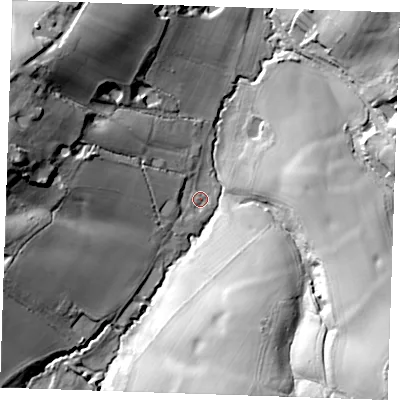 Shaded relief map of the ground around TN127EW, computed from Environment Agency LiDAR. The ground here sits at about 33 m above sea level and falls 48 m across the surrounding 800 m. Surface water reaching this point runs off ground lying to the west-north-west, 21.7 m higher.