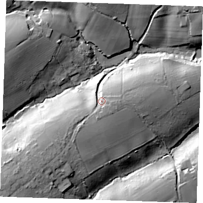 Shaded relief map of the ground around TN127NE, computed from Environment Agency LiDAR. The ground here sits at about 80 m above sea level and falls 33 m across the surrounding 800 m. Surface water reaching this point runs off ground lying to the south-west, 11.0 m higher.