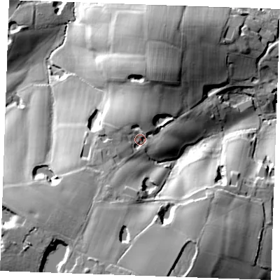 Shaded relief map of the ground around TN128BJ, computed from Environment Agency LiDAR. The ground here sits at about 54 m above sea level and falls 38 m across the surrounding 800 m. Surface water reaching this point runs off ground lying to the south-west, 15.9 m higher.