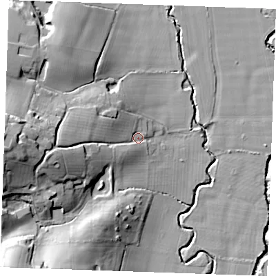 Shaded relief map of the ground around TN128BT, computed from Environment Agency LiDAR. The ground here sits at about 27 m above sea level and falls 31 m across the surrounding 800 m. Surface water reaching this point runs off ground lying to the west-south-west, 17.9 m higher.