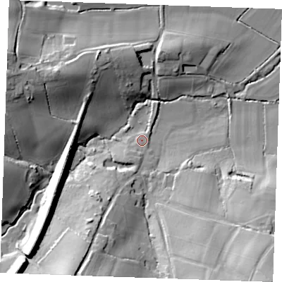 Shaded relief map of the ground around TN128DB, computed from Environment Agency LiDAR. The ground here sits at about 31 m above sea level and falls 35 m across the surrounding 800 m. Surface water reaching this point runs off ground lying to the south-south-west, 4.4 m higher.
