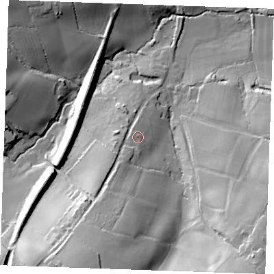 Shaded relief map of the ground around TN128DD, computed from Environment Agency LiDAR. The ground here sits at about 42 m above sea level and falls 45 m across the surrounding 800 m. Surface water reaching this point runs off ground lying to the south-south-west, 6.1 m higher.