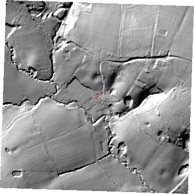 Shaded relief map of the ground around TN128DZ, computed from Environment Agency LiDAR. The ground here sits at about 48 m above sea level and falls 47 m across the surrounding 800 m. Surface water reaching this point runs off ground lying to the north-north-east, 20.2 m higher.
