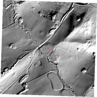 Shaded relief map of the ground around TN128ED, computed from Environment Agency LiDAR. The ground here sits at about 43 m above sea level and falls 59 m across the surrounding 800 m. Surface water reaching this point runs off ground lying to the north-east, 54.7 m higher.
